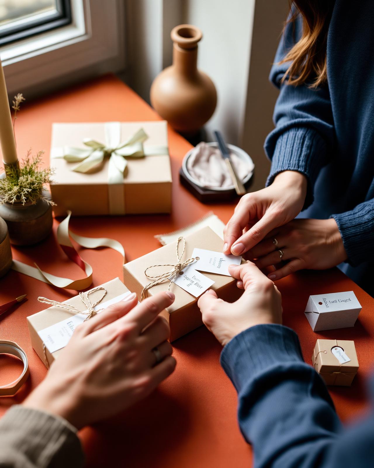 Hands assembling personalized favor boxes with ribbon and tags